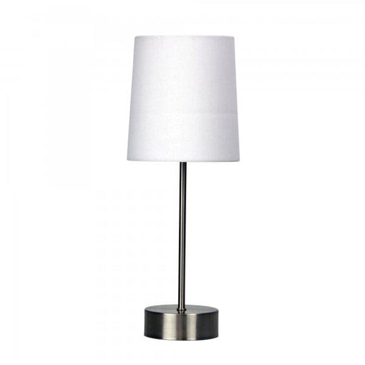 LANCET Brushed Chrome 1 x E14 On/Off Touch Lamp with White Shade Oriel