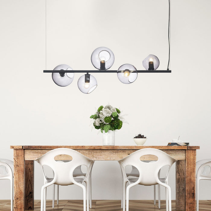 SINUS - Modern Black 5 Light Pendant Featuring Smoked Glass Spheres - Can Be Hung Vertically Or Horizontally