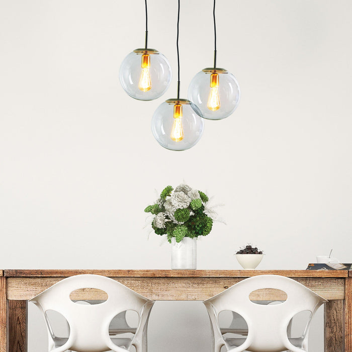 NEWTON - Small Contemporary Brushed Brass 1 Light Pendant Featuring Clear Spherical Glass - 250mm