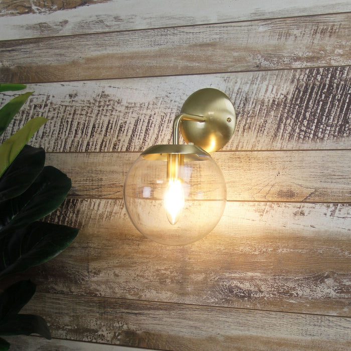NEWTON - Modern But Simple Plain Satin Brass Interior Wall Bracket Featuring A Clear Spherical Glass Lens