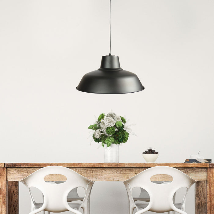 FORGE - Large Matt Black Metal Industrial Style 1 Light Pendant With Inner White Shade