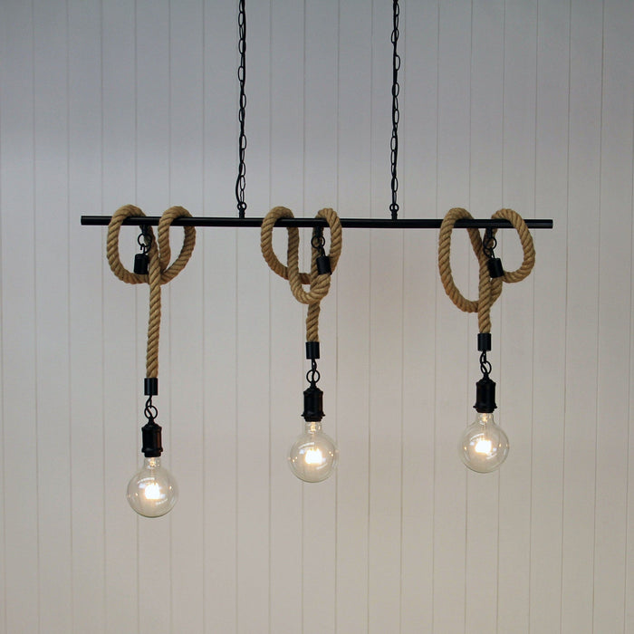 ROPE - Stunning Industrial Style Black 3 Light Bar Pendant Featuring Wrap Around Rope Highlight Suspension (Globes Not Includes)