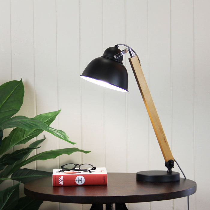 STEAM - Mid Century Style Beech Timber & Black 1 Light Desk Lamp With Adjustable Shade