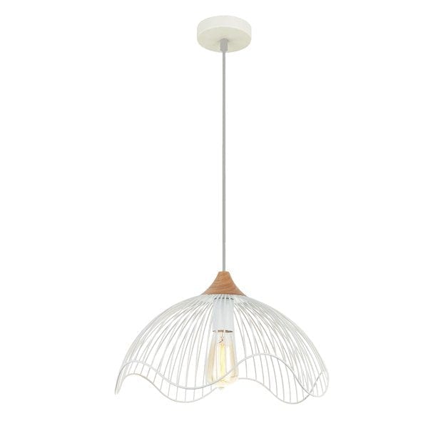 SPIAGGIA - Modern White Metal Shade 1 Light Pendant With Timber Top - 400mm CLA