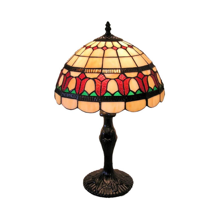 LEADLIGHT - Bronze Metal Base 1 Light Table Lamp With Red Tulip Lead Light Shade