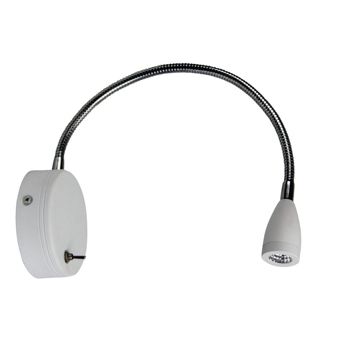 FLEXI - Plain White 240 Volt 3W Warm White LED Wall Light With Adjustable Gooseneck & Toggle Switch On Back Plate