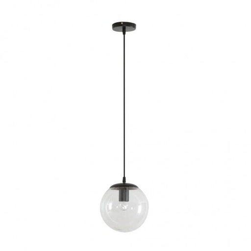 BUBBLE 200mm 1 Light Pendant with Black Metalware and Clear Spherical Glass Domus
