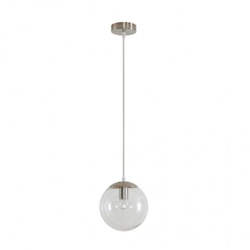 BUBBLE 200mm 1 Light Pendant with Satin Chrome Metalware and Clear Spherical Glass Domus