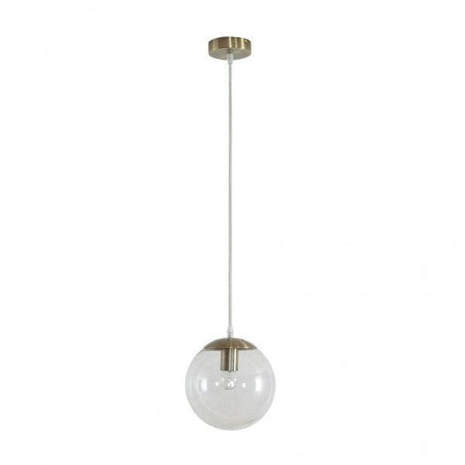 BUBBLE 200mm 1 Light Pendant with Antique Brass Metalware and Clear Spherical Glass Domus