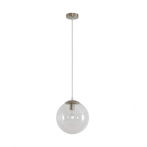 BUBBLE 250mm 1 Light Pendant with Satin Chrome Metalware and Clear Spherical Glass Domus