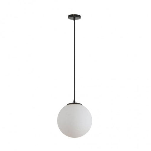 BUBBLE 250mm 1 Light Pendant with Black Metalware and Opal Spherical Glass Domus