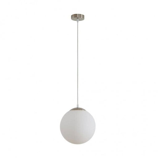 BUBBLE 250mm 1 Light Pendant with Satin Chrome Metalware and Opal Spherical Glass Domus