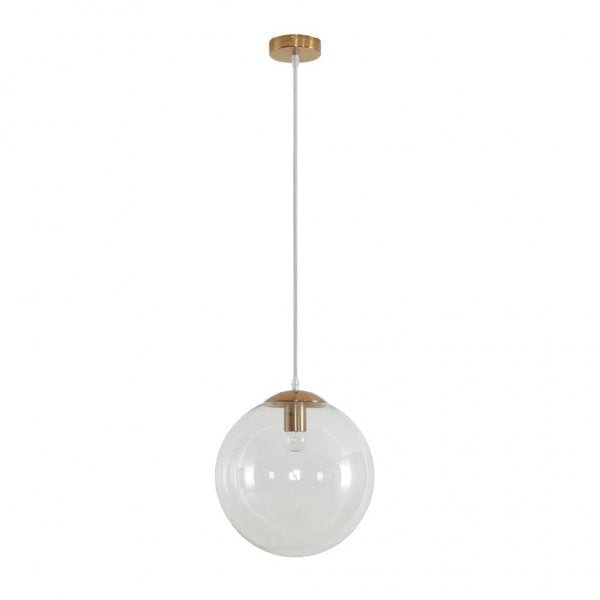 BUBBLE 300mm 1 Light Pendant with Satin Brass Metalware and Clear Spherical Glass Domus