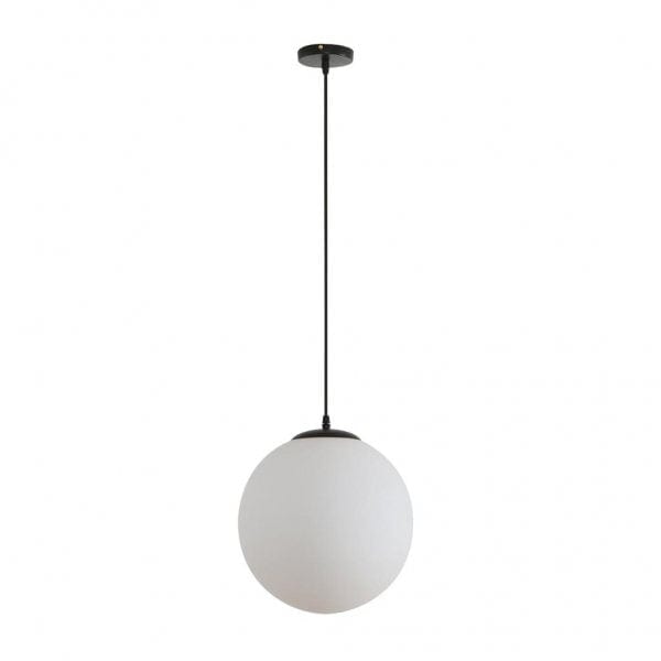 BUBBLE 300mm 1 Light Pendant with Black Metalware and Opal Spherical Glass Domus