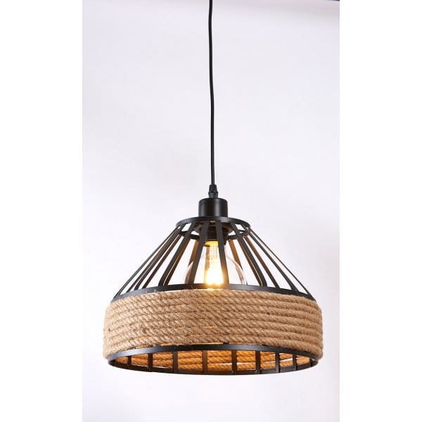 NEW - Modern Black Metal Frame 1 Light Pendant With Wrapped Rope Highlight Econolight