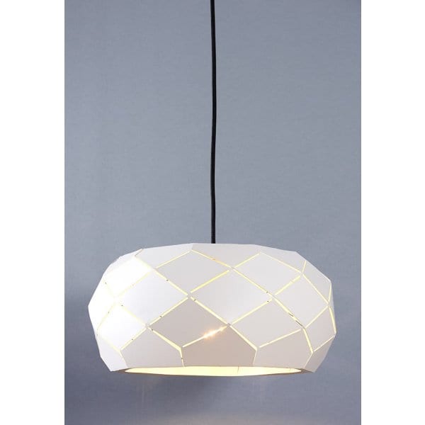 Elegant, White Metal Oval Sphere 1 Light Pendant Featuring A Cut Diamond Look . Slight Pattern Variations May Occur. White Suspension Also Available. Econolight