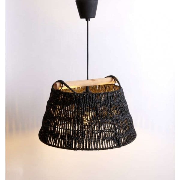 HAND CRAFTED - Stunning Hand Crafted Black Woven Shade 1 Light Pendant Constructed Of Plaited Recycled Paper Material Complete With Black Suspension Econolight