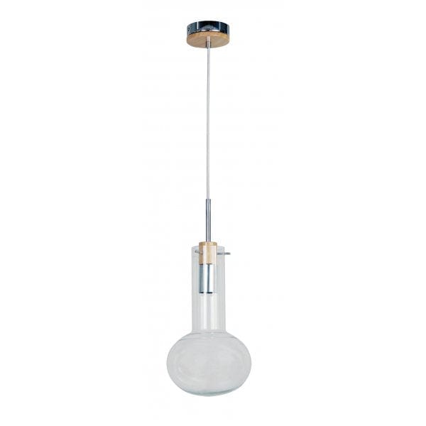 HOLBECK - Modern Small Rounded Shaped Clear Glass 1 Light Pendant With Timber Highlights 200mm Oriel