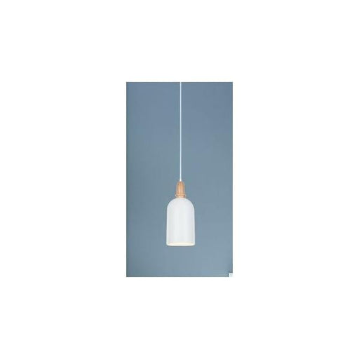HORTEN - White Metal Shade 1 Light Pendant With Timber Look Top CLA