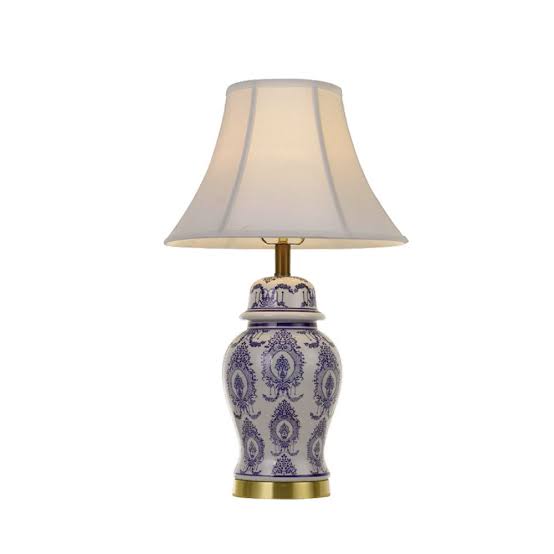 White & Blue Patterned Base Table Lamp With White Shade - Yang