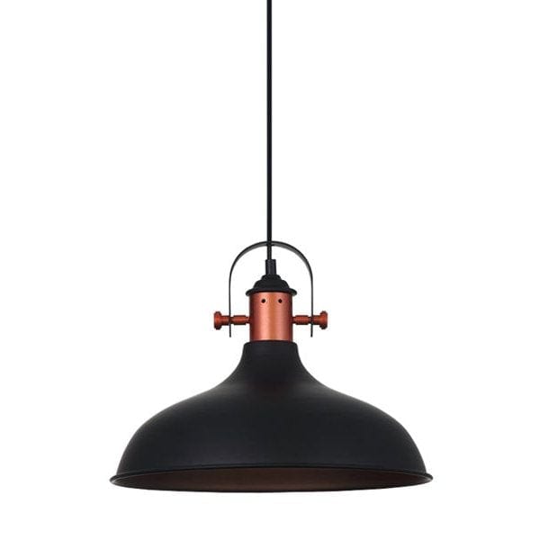 ARVIK - Stunning Matt Black Dome 1 Light Pendant With Copper Plated Highlight - 360mm CLA