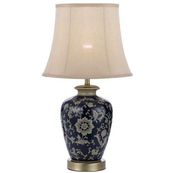 NASHI 33 - Small 1 Light Antique Brass & Dark Blue Base Table Lamp With Taupe Shade Telbix