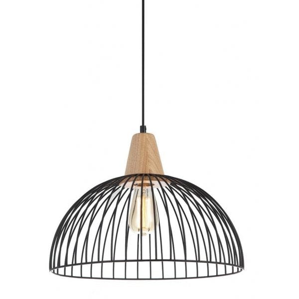 STRAND - Modern Black Caged 1 Light Pendant With Timber Top CLA