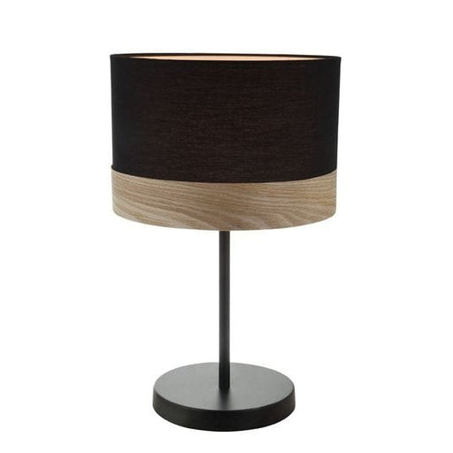 TAMBURA - Modern Medium Black Round Cloth Shade Table Lamp Featuring Blonde Wood Trim CLA