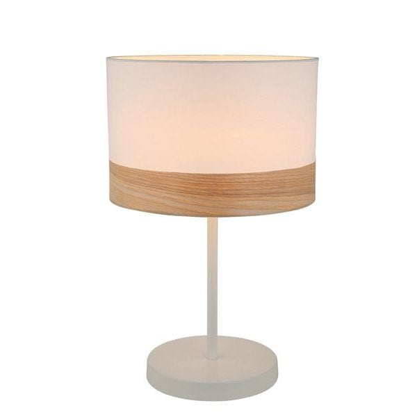 TAMBURA - Modern Medium White Round Cloth Shade Table Lamp Featuring Blonde Wood Trim CLA