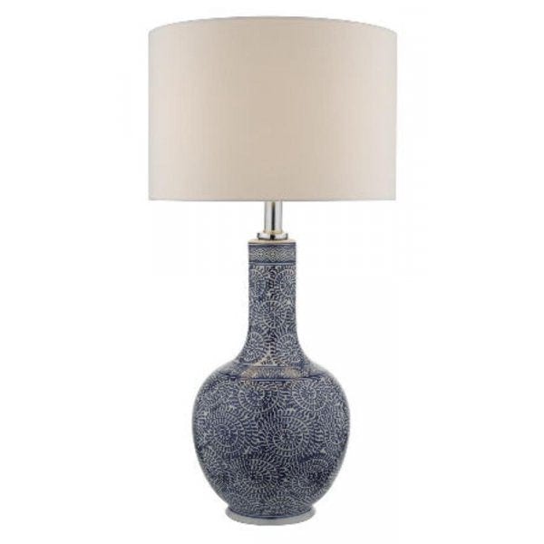 TABLE - Elegant Blue & White Ceramic Base 1 Light Table Lamp Featuring White Fabric Shade Toongabbie