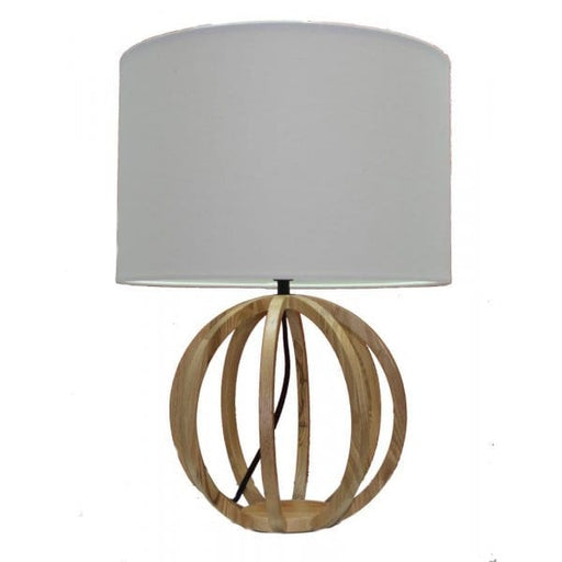 TABLE - Modern Natural Timber Round Base 1 Light Table Lamp Featuring White Fabric Shade Toongabbie