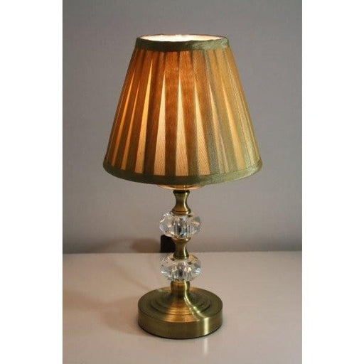 Antique Brass Metal & Crystal Base Touch Table Lamp With Gold Pleated Shade Toongabbie