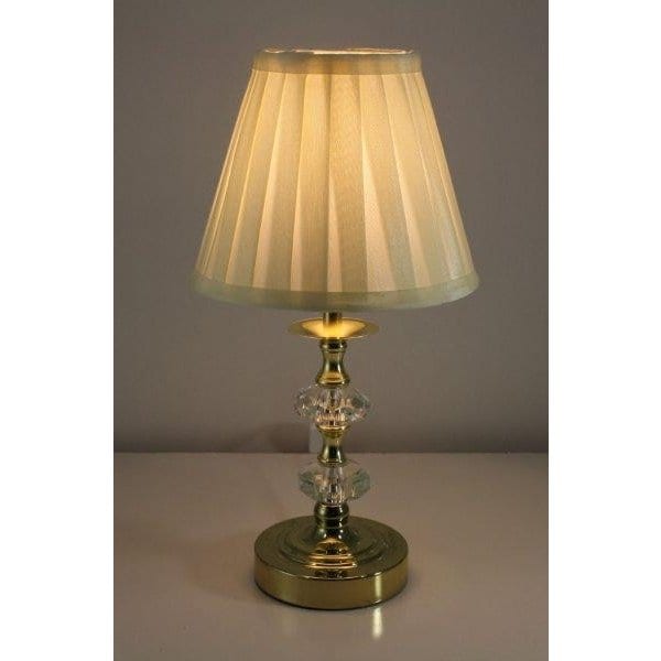 Polished Brass Metal & Crystal Base Touch Table Lamp With Cream Pleated Shade Toongabbie