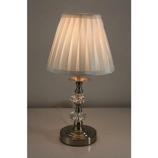 Satin Chrome Metal & Crystal Base Touch Table Lamp With White Pleated Shade Toongabbie